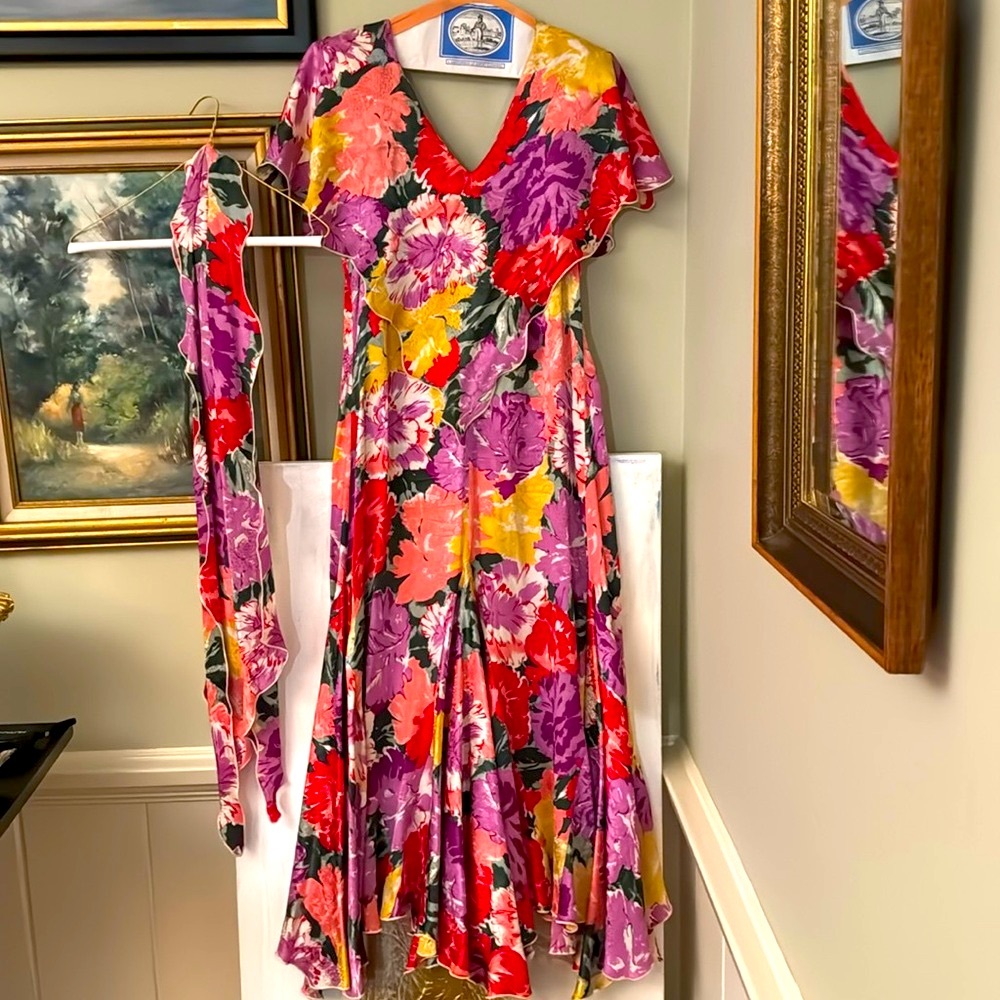 Holly Harp 80s Vintage Floral Dress 2 PC Size Flower & Belt Head Wrap 4 6 8 M